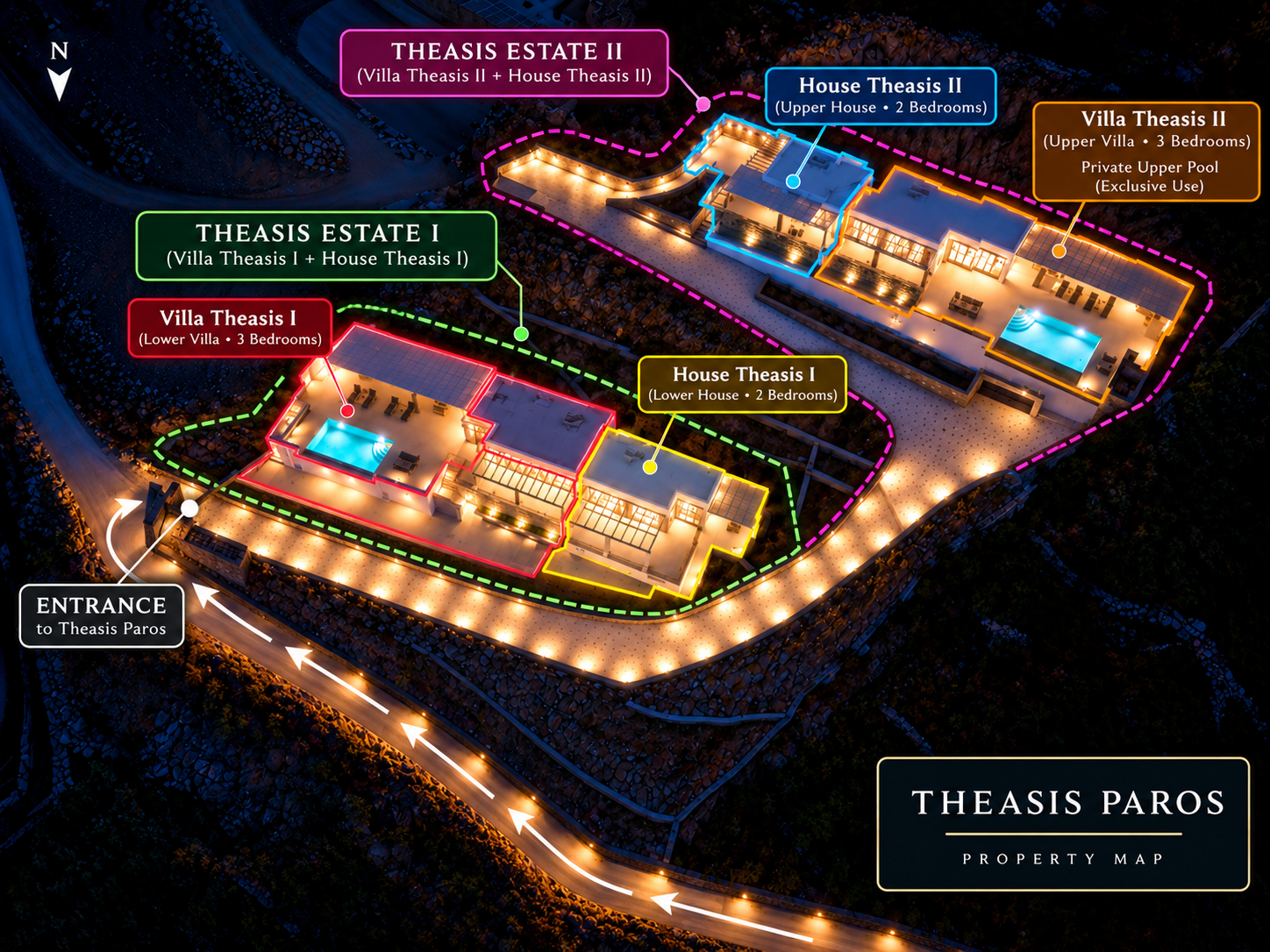Labelled nighttime aerial view: lower Estate I includes Villa I and House I; upper Estate II includes Villa II and House II. Each pool belongs to its corresponding villa.